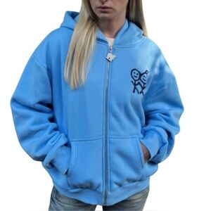 Urban Sophistication Blue Zip-Up Hoodie with Stick Figure Design UNISEX NEW